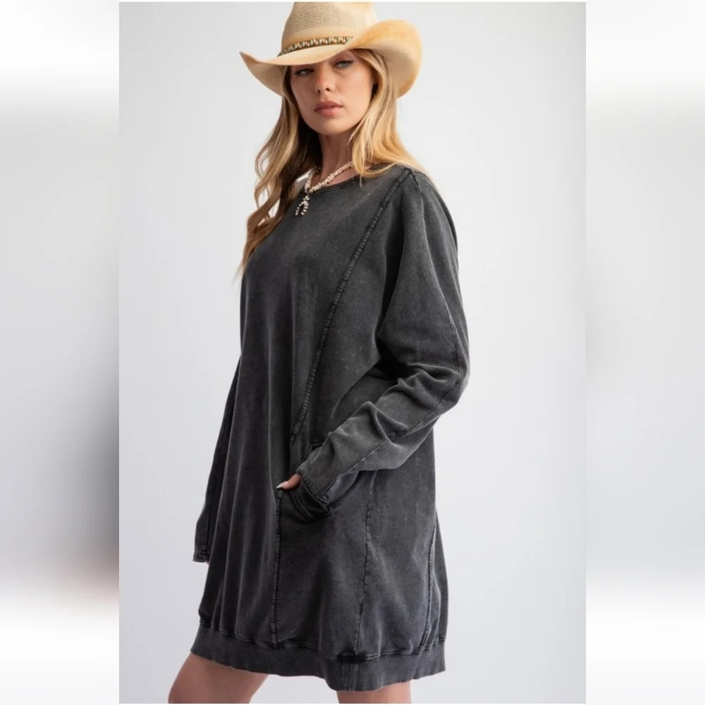 New Easel Black Washed Terry Knit Long Sleeve Pullover Tunic Dress S